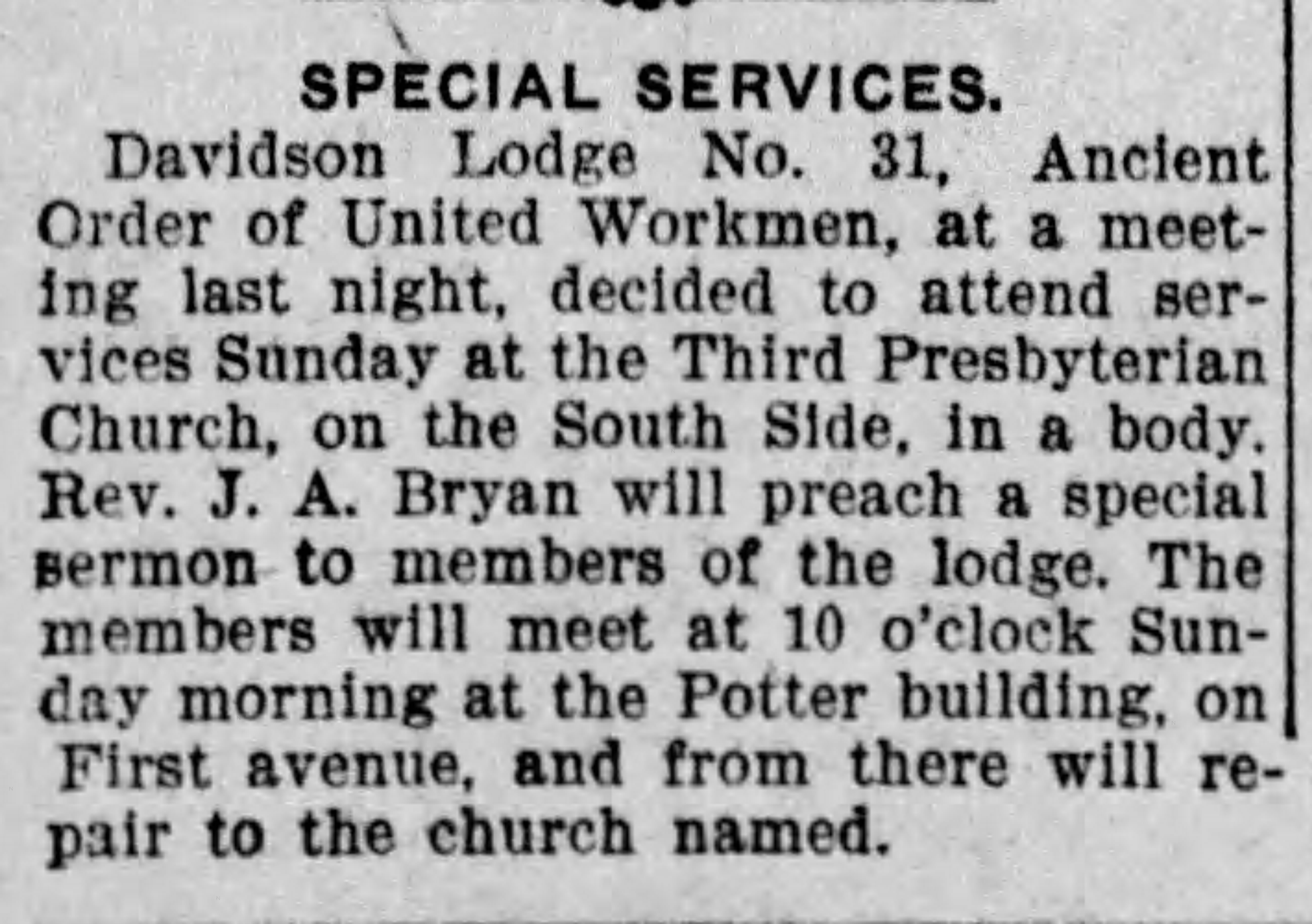 Special Services: Davidson Lodge No. 31, Ancient Order of United Workmen
